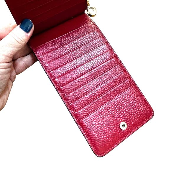 Slim red pebbled leather card wallet snaps closed zipper coin pocket cash slot - Picture 6 of 8
